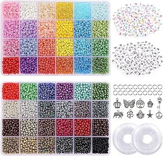 QUEFE 6480pcs Glass Seed Beads 4mm Bracelet Beads for Jewelry Making Kit, Small Waist Craft Beads, 260pcs Alphabet Letter Beads with Elastic String Cords and Charms