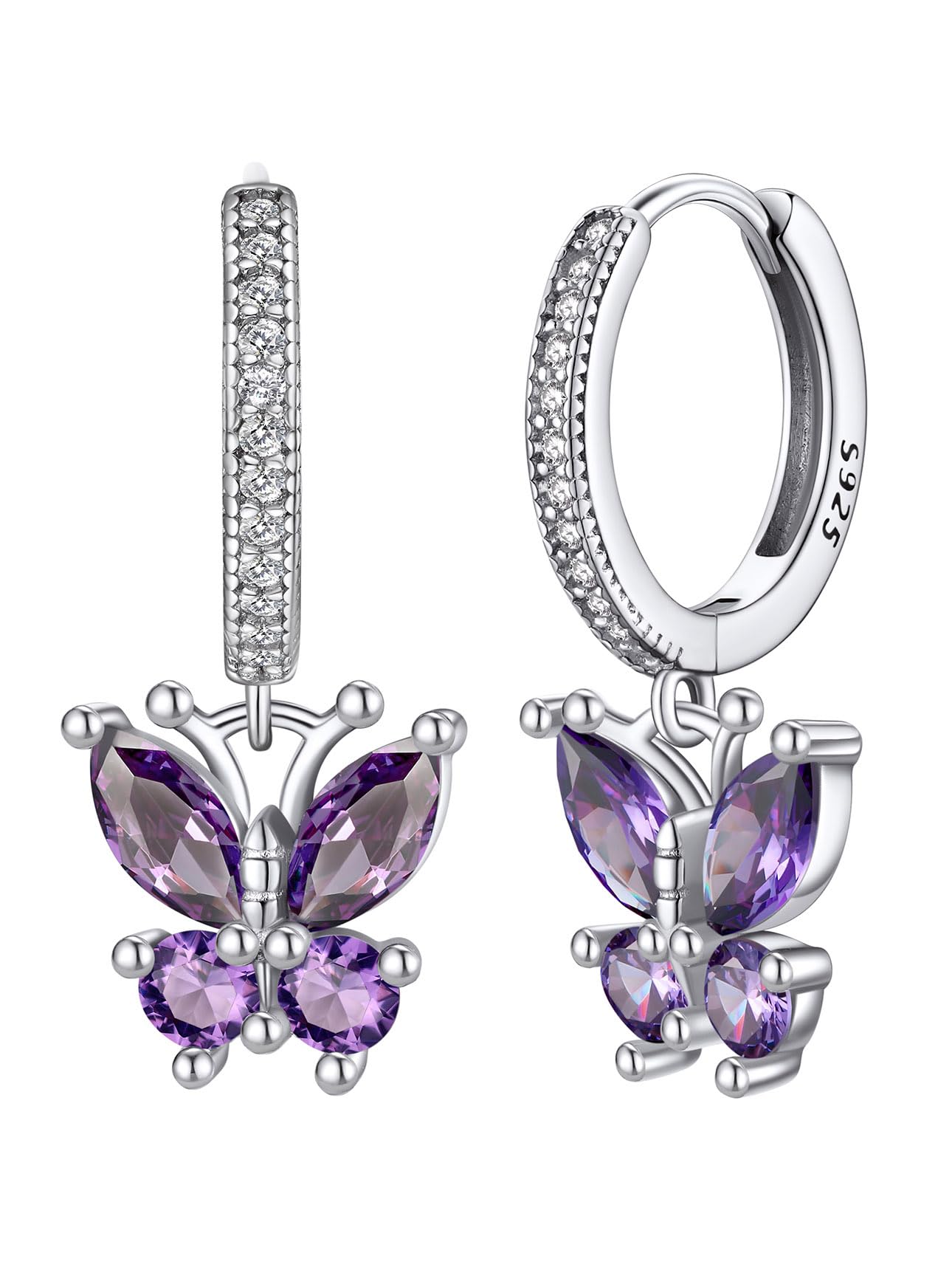 Bestyle Sterling Silver Push Back Butterfly Dangle Earrings with Created Amethyst for Women and Girls - Delicate Butterfly-Themed Jewelry Set, Ideal Birthday, Christmas Gift for Wife, Mom, Daughter