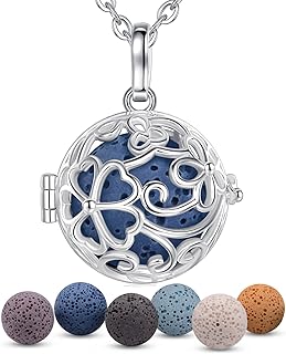Silver INFUSEU Essential Oil Bead Necklace with Lava Rock Stones for Women, Flower Pendant Design with Spiritual Benefits for Meditation & Yoga