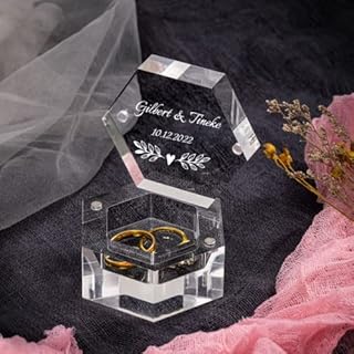 Ter Brand Custom Engraved Wedding Ring Box in Plastic and Crystal with Magnetic Closure for Special Occasions, Transparent Hexagonal Design