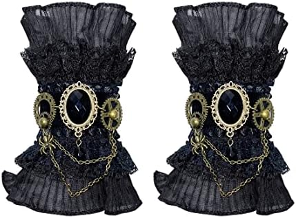 Gothic Black Lace Bracelet with Finger Ring Steampunk Vampire Wristband Ring Victorian Costume Party Vintage Wedding Prom Festival Hand Chain Jewelry for Women Girls 1 Pair - S466