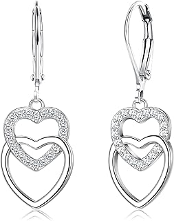 LOLIAS Boucles d'oreilles Pendantes en Argent Sterling 925, Hypoallergéniques avec Zircon Cubique Coloré et Design Double Cœur. Idéal pour Femmes et Filles de Tout Âge
