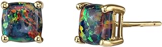 Peora 14K Yellow Gold Created Black Fire Opal Stud Earrings for Women, Hypoallergenic Solitaire, Cushion Cut 6mm, 1 Carat total, October Birthstone, Friction Back