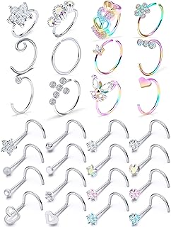 Prjndjw 20G Nose Rings Studs Hoop Surgical Steel Nose rings hoop Heart CZ Flower Nose Piercing Jewelry Nose Rings For Women Straight Bend L Shaped Nose Rings 28Pcs 6.5mm Nose Piercing Kit Purpke