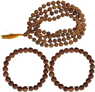 (Pack of 3) Rudraksha Stretchable Bracelet 2 Pc.& Rudraksha Mala 108+1 Beads Necklace 5 Mukhi Paanch mukhi 5 Prayer Beads, Wrist Mala Wrap, Jaap Mala, Bracelet Bead Size 7 mm