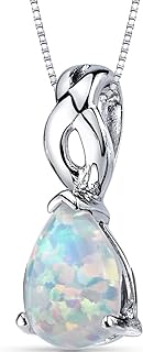 PEORA Created White Fire Opal Solitaire Teardrop Pendant Necklace for Women 925 Sterling Silver, 1.75 Carats Pear Shape 10x7mm with 18 inch Chain