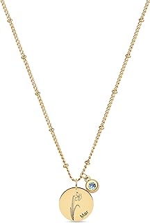 BENEIGE Gold Birth Flower Necklace 18K Gold Plated Disc Pendant with Birthstone Dainty Simple Minimalist Delicate Coin Jewelry Gift for Mom Daughter Women