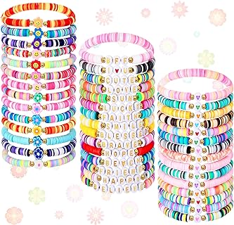 44 Pcs Heishi Preppy Bead Bracelets Colorful Clay Friendship Bracelet Y2K Stretch Beach Gold Bracelets for Women Girls