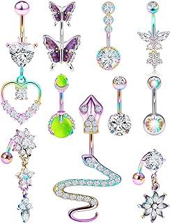 Eakxnig 14G Belly Button Ring Stainless steel Dangle Belly rings Snake Glow Dark Round Cubic Zirconia Navel Barbell Body Piercing Jewelry For Women 3/8inch 10mm silver,rose,purple,black men belly ring