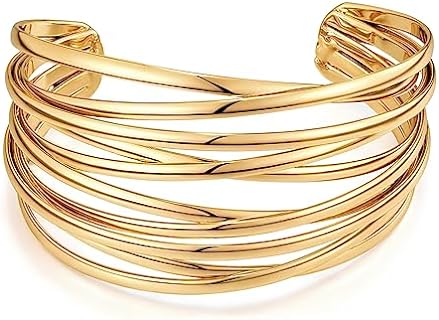 Lobster Claw Clasp Monet Gold Bangle Bracelet, Muti-layered Cross Wire Design, for Women, Wide Open Cuff Brass Bracelet with No Gemstones