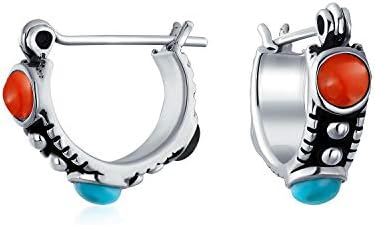 Bali Boho South Western Multi Color Stabilized Blue Turquoise Red Carnelian Onyx Bead Small Huggie Hoop Earrings For Women Teen .925 Sterling Silver