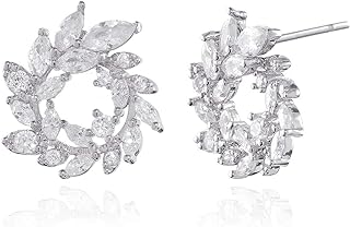 Push Back Cubic Zirconia Cluster Bridesmaid Stud Earrings with Marquis-Cut Gems for Women in Olive Branch Leaves Design