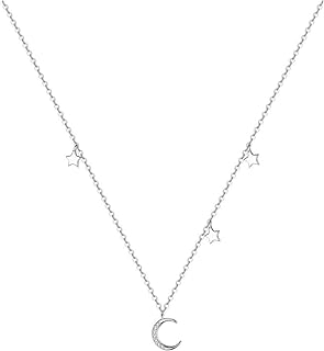 Lucky Star Crystal Crescent Moon 925 Sterling Silver Choker Pendant Necklace for Women Christmas Dainty Disc Layered Chain Jewelry Gifts Best Friend