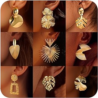ORAZIO 9 Pairs Clip on Earrings Gold Statement Earrings for Women Exaggerated Trapezoid Dangle Clip on Earrings Gold Geometric Leaf Round Retro Drop Clip Earrings Unpierced Ears