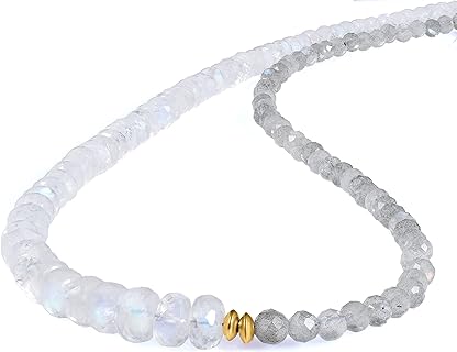 925 Sterling Silver Natural Labradorite and Rainbow Moonstone Beaded Choker Necklace Stylish Delicate Unique Gifts for Women Jewelry 18'' Yellow Gold Plated Lock, 18 inches/45 Cms