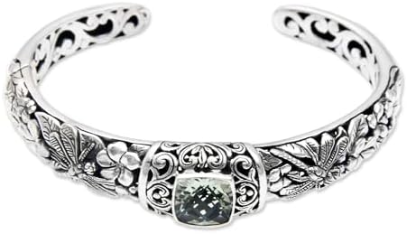 NOVICA Artisan Handmade Prasiolite Cuff Bracelet Sterling Silver Hinged Green Indonesia Animal Themed Floral Dragonfly [6 in L (end to End) x 0.6 in W] ' Dragonfly Frangipanis'