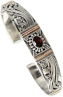 NOVICA Artisan Handmade Garnet Bracelet Gold Accent Sterling Silver Cuff Red Indonesia Birthstone Balinese Traditional [6 in L (end to End) x 0.5 in W] ' Paradise'