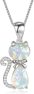 Opulent Opal Cat Pendant Necklace in Sterling Silver with 14k White Gold Plating For Cat Lovers - Includes Durable Cable Chain