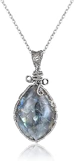 Natural Labradorite Spectrolite Necklace Crystals Pendant for Women Men Jade Irregular Wrapped Positive Clear Crystal Quartz Family Tree Gemstone with Stainless Steel Chain 24"