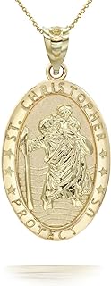 14k Yellow Gold St Christopher Catholic Pendant Necklace with Rolo Chain and Spring Ring Clasp, Perfect Gift for Spiritual Protection and Travel Safety, Gorgeous Oval Design, Made in USA