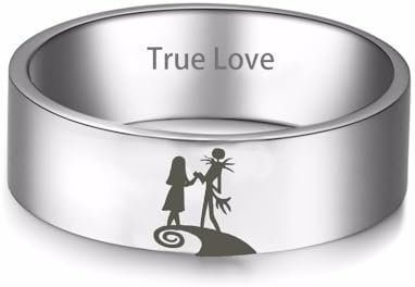 The Nightmare Before Christmas Jack and Sally Skull Couple Matching Rings Never Dies True Love Engagement Wedding Band Stainless Steel Silver Ring Anniversary Valentine's Day Promise Gift for Lover Boyfriend Girlfriend