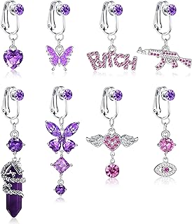 Drperfect 8-Piece Stainless Steel Faux Belly Button Rings with Cubic Zirconia for Women - Non-Piercing Clip-On Design - Heart, Butterfly, Dragon Shapes