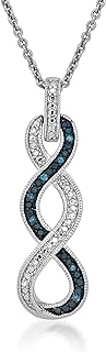 Jewelili Twist Pendant Necklace in Sterling Silver with Natural White Round and Treated Blue or Black Diamonds 18" Rolo Chain