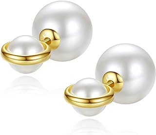 JOERPH 925 Sterling Silver Double-Sided Pearl Stud Earrings with Push-Back Finding for Women and Girls