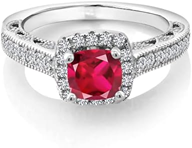 Gem Stone King Sterling Silver, Red Ruby & White Sapphire Engagement Ring, Cushion Cut, Size 5-9