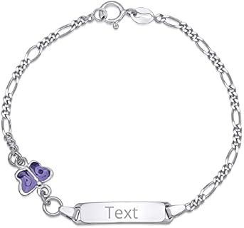 UNICORNJ Personalized Sterling Silver Figaro Chain, ID Bracelet for Infants to Kids, with Secure Spring Clasp, Enamel Charm Design, Made in Italy