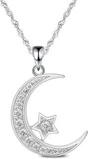 Sterling Silver Crescent Moon Pendant Necklace with Singapore Chain and Cubic Zirconia Gems for Teen Girls and Women, Dainty Design