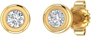 10K Gold Bezel Set Round Diamond Stud Earrings (1/10 Carat) (I1-I2 Clarity) Mothers Day Special