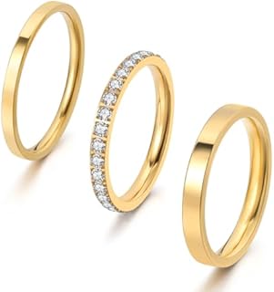 3PCS Gold Stackable Rings for Women, Non Tarnish 14K Gold Plated Stainless Steel Sparkly Cubic Zirconia Eternity Bands, Thin Silver Stacking Rings