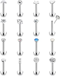 16PCS 16G 18G 20G Stainless Steel Threadless Push in Nose Stud Ring for Women Men Lip Ring CZ Flower Heart Cartilage Helix Earring Piercing Set