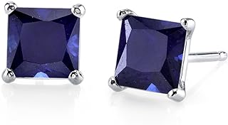 Peora Solid 14K White Gold Created Blue Sapphire Stud Earrings for Women, 2.75 Carats Princess Cut AAA Grade, Hypoallergenic Solitaire, Friction Back