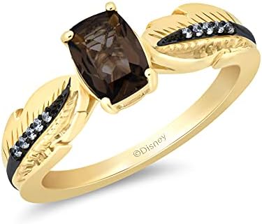 Jewelili Enchanted Disney Fine Jewelry 10K Yellow Gold 7x5 MM Cushion Smokey Quartz and 1/20 Cttw Natural White Round Diamond Pocahontas Feather Ring