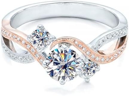 10K 14K 18K White Gold 3-Stone Moissanite Engagement Ring, Halo Design for Women, Two-Tone with Rose Gold Accents, Sizes Available