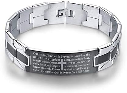 Lobster Claw Silver ID Bracelet with Link Chain, Designed with English Lord's Prayer Cross - Ideal for Men and Women of Faith