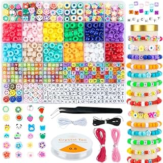 Meschett Clay Beads for Jewelry Making Kit, with Elastic String and Ropes, Including Pony Beads Alphabet Letter Beads Smiley Face Beads and Polymer Beads, Bracelet Making Kit for Girls and Adults
