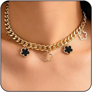 Gold and Silver Flower Pendant Necklace Set with Cuban Link Chain for Women, Chunky Floral Design
