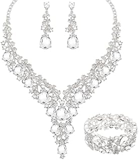 CSY Elegant Austrian Crystal & Rhinestone Wedding Jewelry Set with Flower Design, Platinum & Gold Plated Necklace, Earrings & Stretch Bangle with Lobster Clasp
