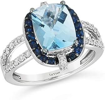 LeVian 14k White Gold Halo Engagement Ring with Cushion-Cut Blue Topaz, Diamond and Blue Sapphire, Size 5 - 10.5