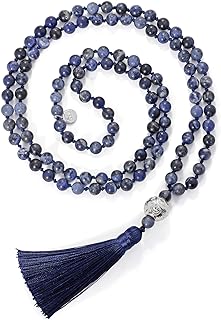 Hand-knotted Blue Sodalite Stone Beaded Tassel Necklace for Women - Unique Bohemian Design Statement Jewelry