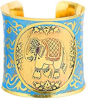 Touchstone New Indian Bollywood Desire Brass Base Beautifully Rich Indian Ethnic Elephant Motif Fabulous Meenakari Enamel Thick Wrist Enhancer Designer Jewelry Cuff Bracelet in Gold Tone for Women.