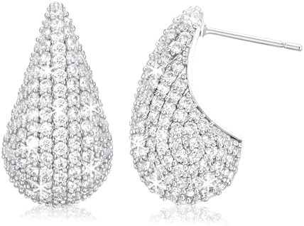 Sterling Silver Chunky Hoop Earrings with Push Back for Women, Shimmering Cubic Zirconia Embellished Design, Perfect Jewelry Gift for Women and Girls