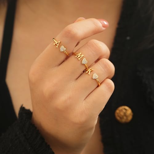 Heart Initial Ring for Women Teen Girls Silver Rose Gold Plated Heart Capital Letter Initial Rings Stackable Rings for Women Girls Adjustable Heart Alphabet Letter Rings Jewelry Gifts for Women