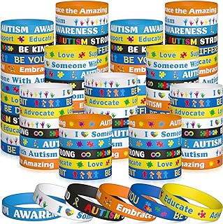 WATINC Autism Awareness Silicone Bracelets - 120Pcs Colorful Puzzle Pieces Ribbons Stretch Wristbands Motivational Rubber Bracelet with Inspirational Messages for Men Women Teens Kids Gifts (6 Colors)
