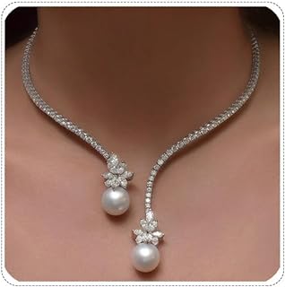 Fringe Round Rhinestone Choker Necklace with Lobster Clasp & Cable Chain, Silver Crystal Adorned with Trendy Faux Pearl, Women's Sophisticated Costume Jewelry