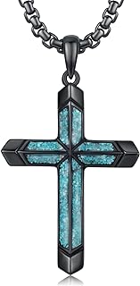 925 Sterling Silver Cross Pendant Necklace with Turquoise Gem & Lobster Claw Clasp - Unisex Religious Protection Jewelry