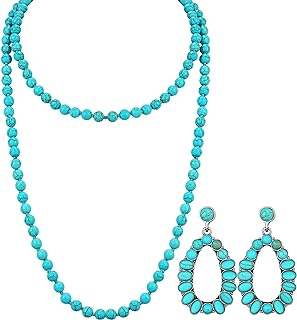 Bonuci Women Necklace Set Long Turquoise Beads Endless Vintage Jewelry Simulated Collar Western Necklace Cute Turquoise Jewelry Earring Accessories